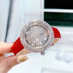 Davena Mặt Xoay |Nữ Giới |Full Đá Trắng Silver |Dây Da Đỏ |Máy Pin (Quartz) |Size 39mm