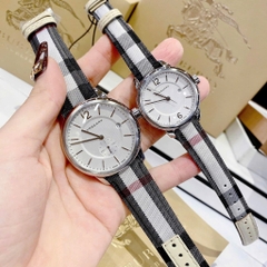 Burberry The Classic |Cặp Đôi |Silver |Dây Vải Sọc Bọc Da Nude |Size 40x32mm