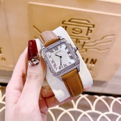 Cartier Santos |Nữ Giới |Mặt Vuông |Đính Đá |Dây Da Nâu |Máy Pin (Quartz) |Size 24x33mm