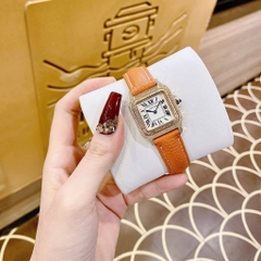 Cartier Santos |Nữ Giới |Mặt Vuông |Đính Đá |Rose Gold |Dây Da Cam |Máy Pin (Quartz) |Size 24x33mm