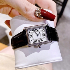 Cartier Tank Solo |Nữ Giới |Mặt Chữ Nhật |Đính Đá |Dây Da Đen |Máy Pin (Quartz) |Size 31x24mm