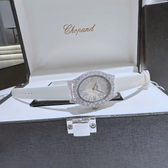 Chopard Mặt Elip |Nữ Giới |Full Đá Swarovski |Dây Da Trắng |Máy Pin (Quartz) |Size 32mm