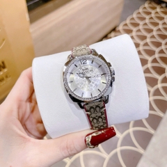 Coach Boyfriend |Nữ Giới |Silver |Đính Đá |Dây Vải Bọc Da Đỏ |Máy Pin (Quartz) |Size 34mm