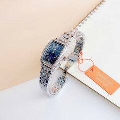 Davena Mặt Chữ Nhật |Nữ Giới |Full Đá Nhũ Xanh |Dây Kim Loại Silver |Máy Pin (Quartz) |Size 25x36mm
