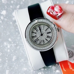 Davena Silver |Nữ Giới |Mặt Full Đá |Dây Da Đen |Máy Pin (Quartz) |Size 30mm