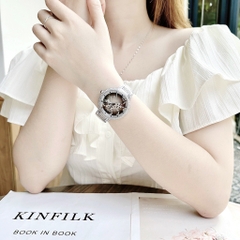 Davena Mặt Con Báo Xoay |Nữ Giới |Trắng Silver |Dây Kim Loại |Máy Pin (Quartz) |Size Lớn 39mm