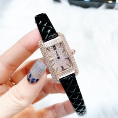 Davena Mặt Chữ Nhật |Nữ Giới |Đính Đá |Rose Gold |Dây Da Đen |Máy Pin (Quartz) |Size 21x27mm