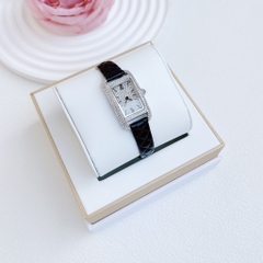 Davena Mặt Chữ Nhật |Nữ Giới |Đính Đá |Silver |Dây Da Đen |Máy Pin (Quartz) |Size 21x27mm