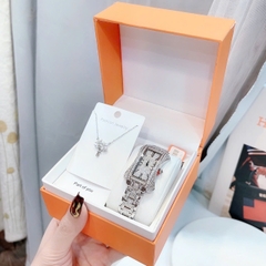 Davena Mặt Chữ Nhật |Nữ Giới |Trắng Silver |Full Đá |Dây Kim Loại |Máy Pin |Size Lớn 31x42mm