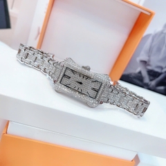 Davena Mặt Chữ Nhật |Nữ Giới |Trắng Silver |Full Đá |Dây Kim Loại |Máy Pin |Size Lớn 31x42mm