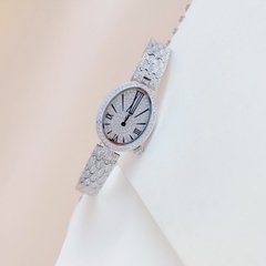 Davena Mặt Elip |Nữ Giới |Trắng Silver |Full Đá |Dây Kim Loại |Máy Pin (Quartz) |Size Nhỏ 30x32mm