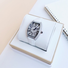 Davena Mặt Oval |Nữ Giới |Silver |Full Đá Swarovski |Dây Da Trắng |Máy Pin |Size 32x36mm