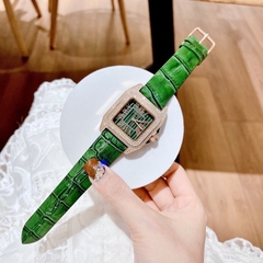 Davena Mặt Vuông |Nữ Giới |Đính Đá Rose Gold |Dây Da Xanh Lá |Máy Pin |Size Lớn 37mm