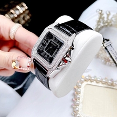 Davena Mặt Vuông Đen |Nữ Giới |Đính Đá |Dây Da Đen |Máy Pin (Máy Quartz) |Size Lớn 37mm