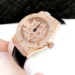 Davena Ngôi Sao Xoay |Nữ Giới |Full Đá Rose Gold |Dây Da Đen |Máy Pin (Quartz) |Size 38mm