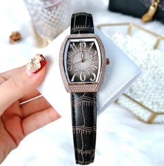 Davena Tựa Frank Muller |Nữ Giới |Đính Đá Rose Gold |Dây Da Vân Đen |Máy Pin |Size 30x34mm
