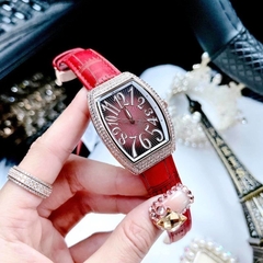Davena Tựa Frank Muller |Nữ Giới |Đính Đá Rose Gold |Dây Da Vân Đỏ |Máy Pin |Size 30x34mm