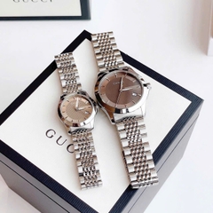 Gucci G-Timeless |Cặp Đôi |Mặt Màu Nâu |Dây Kim Loại Bạc Silver |Size 38x28mm