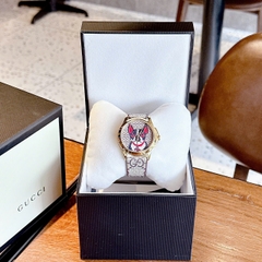Gucci G-Timeless Dog Bull |Nữ |Vàng Gold |Dây Da Nâu Họa Tiết |Máy Pin (Quartz) |Size 38mm