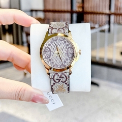 Gucci G-Timeless GG Supreme Canvas |Nữ |Dây Da Nâu Họa Tiết Con Ong |Máy Pin (Quartz) |Size 38mm