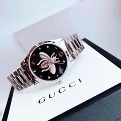 Gucci G-Timeless Cat |Nam |Mặt Đen |Hình Chú Ong |Dây Kim Loại Silver |Máy Pin (Quartz) |Size 38mm