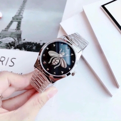 Gucci G-Timeless Cat |Nam |Mặt Đen |Hình Chú Ong |Dây Kim Loại Silver |Máy Pin (Quartz) |Size 38mm