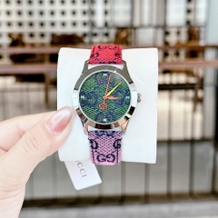 Gucci Multicolor G-Timeless |Nữ Giới |Mặt Xanh Lá |Dây Da Đỏ Tím |Máy Pin (Quartz) |Size 38mm