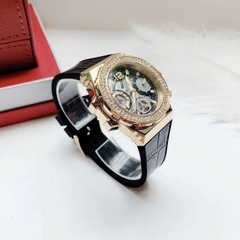 Guess Fusion |Nữ Giới |Đính Đá Vàng Gold |Dây Da Đen Bọc Silicone |Máy Pin (Quartz) |Size 36mm