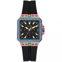 Guess Leo Iridescent |Nữ Giới |Mặt Vuông |Dây Cao Su Đen |Máy Pin (Quartz) |Size 34mm