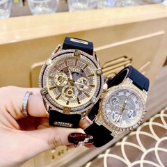 Guess Multifunction |Cặp Đôi |Full Đá Vàng Gold |Dây Sillicone Đen |Size 48x36mm