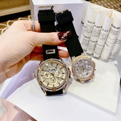 Guess Multifunction |Cặp Đôi |Full Đá Vàng Gold |Dây Sillicone Đen |Size 48x36mm
