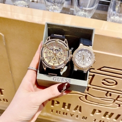 Guess Multifunction |Cặp Đôi |Full Đá Vàng Gold |Dây Sillicone Đen |Size 48x36mm