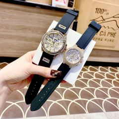 Guess Multifunction |Cặp Đôi |Full Đá Vàng Gold |Dây Sillicone Đen |Size 48x36mm