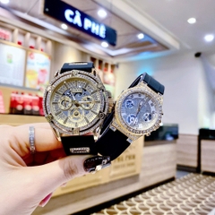Guess Multifunction |Cặp Đôi |Full Đá Vàng Gold |Dây Sillicone Đen |Size 48x36mm
