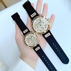 Guess Multifunction |Cặp Đôi |Đính Đá Vàng Gold |Dây Sillicone Đen |Size 48x38mm