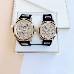 Guess Multifunction |Cặp Đôi |Đính Đá Vàng Gold |Dây Sillicone Đen |Size 48x38mm