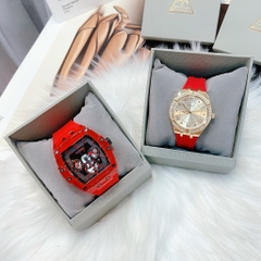 Guess Phoenix |Cặp Đôi |Chronograph |Vàng Gold |Dây Sillicone Đỏ |Size 43x36mm