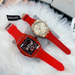 Guess Phoenix |Cặp Đôi |Chronograph |Vàng Gold |Dây Sillicone Đỏ |Size 43x36mm