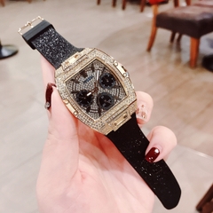 Guess Raven |Nữ Giới |Full Đá Vàng Gold |Dây Sillicone Đen |Máy Pin (Quartz) |Size 38mm