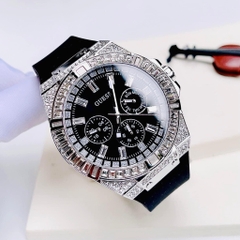 Guess Rigor |Nam Giới |Đính Đá Silver |Dây Sillicone Đen |Máy Pin (Quartz) |Size 47mm