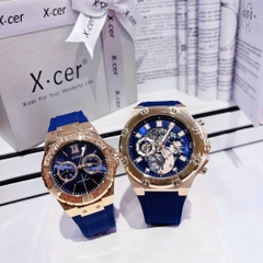 Guess Rose Gold |Cặp Đôi |Đính Đá |Dây Sillicone Xanh |Size 46x36mm
