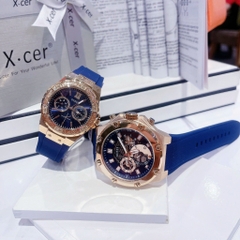 Guess Rose Gold |Cặp Đôi |Đính Đá |Dây Sillicone Xanh |Size 46x36mm