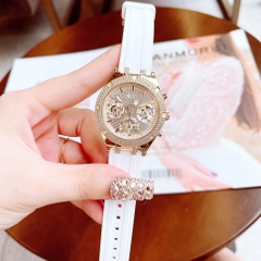 Guess Allara |Nữ Giới |Đính Đá Vàng Gold |Dây Sillicone Trắng |Máy Pin (Quartz) |Size 38mm
