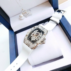 Hanboro Cánh Tiên |Nữ Giới |Mặt Đính Đá |Dây Cao Su Trắng |Máy Pin (Quartz) |Size 32x45mm