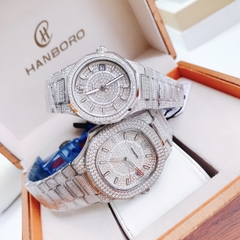 Hanboro Full Đá Swarovski |Cặp Đôi |Trắng Silver |Dây Kim Loại |Đính Full Hạt Đá |Nữ 34mm |Nam 42mm