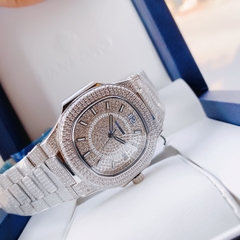 Hanboro Full Đá Swarovski |Cặp Đôi |Trắng Silver |Dây Kim Loại |Đính Full Hạt Đá |Nữ 34mm |Nam 42mm