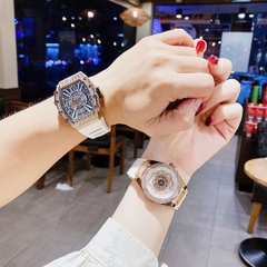 Hanboro Lịch Ngày |Cặp Đôi |Đính Full Đá |Rose Gold |Dây Cao Su Trắng |Nữ 36mm |Nam 43x50mm