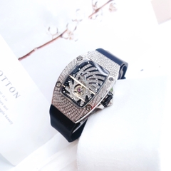 Hanboro Lốc Xoáy |Nữ Giới |Full Đá |Trắng Silver |Dây Cao Su |Máy Pin (Quartz) |Size 32x36mm