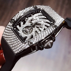 Hanboro Lốc Xoáy |Nữ Giới |Full Đá |Trắng Silver |Dây Cao Su |Máy Pin (Quartz) |Size 32x36mm
