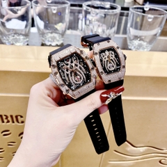 Hanboro Mặt Nhện |Cặp Đôi |Đính Đá |Rose Gold |Dây Cao Su |Nữ 32x36mm |Nam 40x50mm